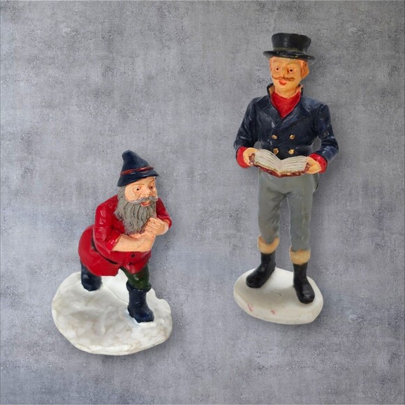 Vintage Lemax Christmas Village Figures Caroler & Elf Helper Pair Holiday Decor - Picture 1 of 5